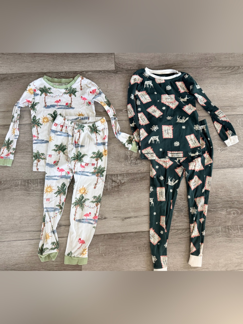 Burt's Bees Kids Pajama Set - White & Dark Green Tropical and Reindeer Prints